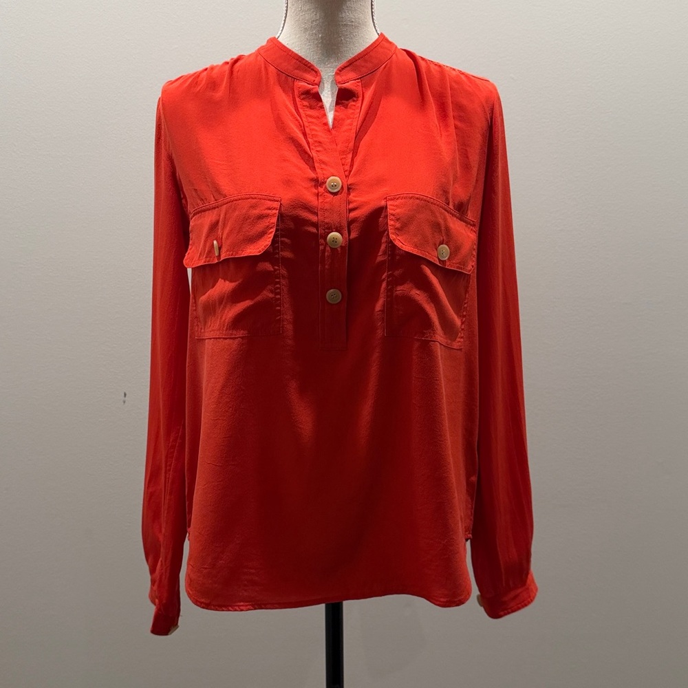 Vince Vibrant Red Silk Shirt with Button Detail